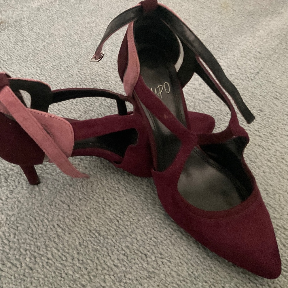 Slip on heels, red and pink suede